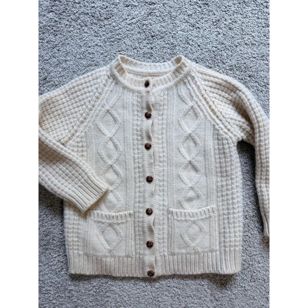 Vintage Irish Pure New Wool Aran Cable Knit Cardigan Sweater - Cream - Size M